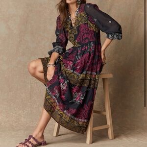 NWT Sundance Women XL Embroidered Black Midi Silk Cotton Blend Puff Sleeve Dress